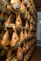 Storage of prosciutto in a ham factory in Bologna, Italy © Maria