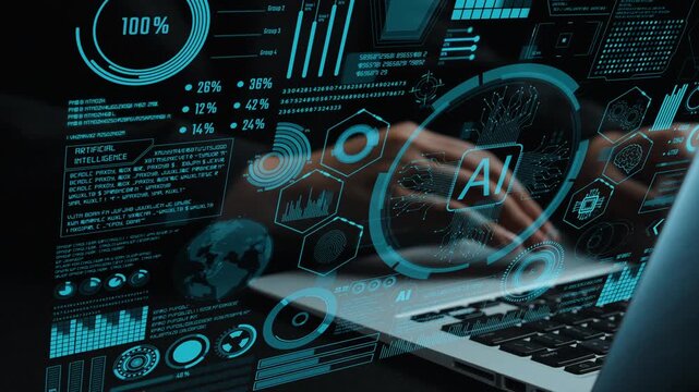 Intriguing image of a laptop displaying a futuristic AI data visualization interface, showcasing various metrics and analytics for technology advancements and innovations. Cipher