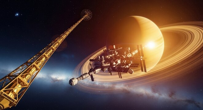Futuristic space elevator transporting passengers to Saturn's rings under cosmic twilight glow