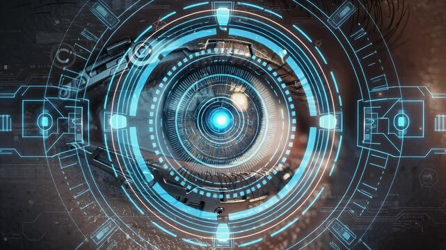 Futuristic cybernetic eye enhancing perception with augmented reality and hidden data in a sci fi world