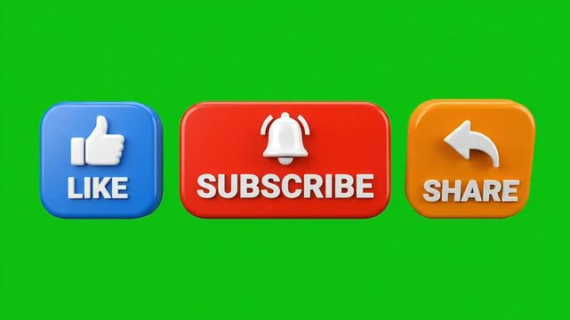 Social media buttons like subscribe and share 3d icons for digital marketing video motion content green screen background display