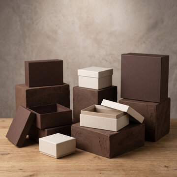 Brown and Beige Cardboard Gift Boxes Mockup Stacked on Clay Pedestals over Wooden Table