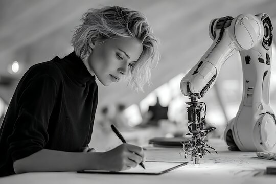 Female Designer Collaborating with Robotic Arm in Creative Studio