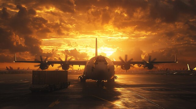 Cargo plane taxiing at sunset airport tarmac