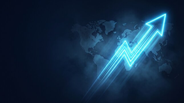 Realistic conceptual business illustration featuring a glowing upward zigzag arrow rising dramatically toward the upper right, symbolizing growth, progress, financial success, investment, 