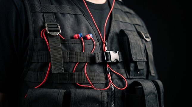 Realistic close-up photograph of a person wearing a sophisticated black tactical utility vest with multiple adjustable straps, heavy-duty buckles, MOLLE-style storage pockets, and detailed fabric 