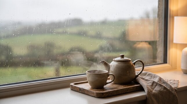 Cozy tea set on a windowsill with a view of a rainy countryside landscape