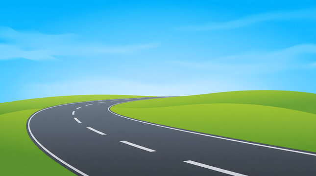 Curved asphalt road stretching across vibrant green rolling hills under clear blue sky vector landscape illustration