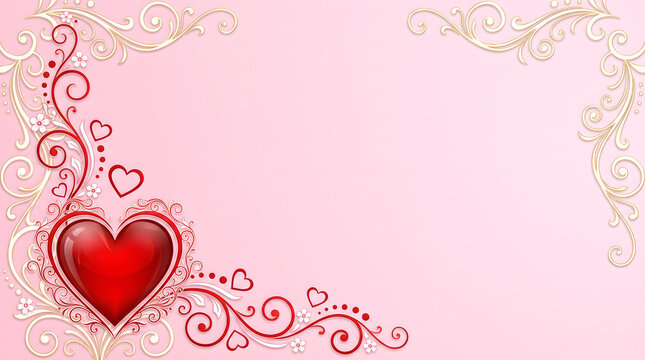 Glossy red heart with ornate floral golden swirls border frame vector background for Valentine Day love banner