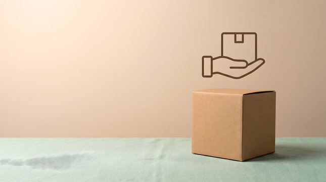 Blank cardboard package box on table with parcel delivery icon outline above, express courier logistics and ecommerce shipping service concept background