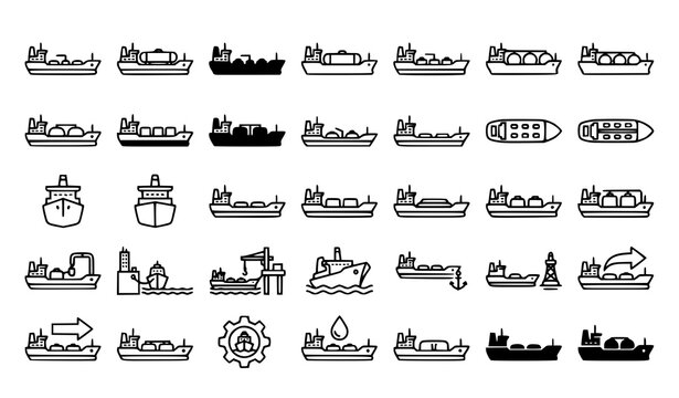 Cargo Ship Icon Set Oil Tanker and Container Vessel Line Art Collection with Shipping and Crane for Maritime Design