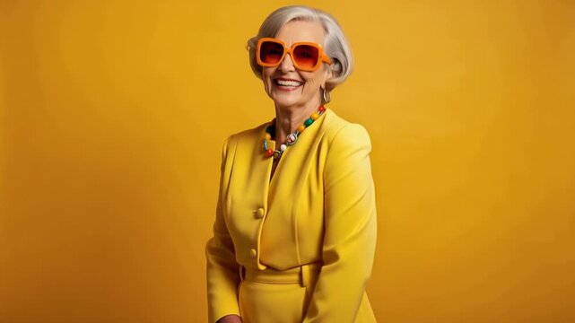 Stylish joyful elder in vibrant yellow outfit radiating energy and positivity in oversized fashion attire