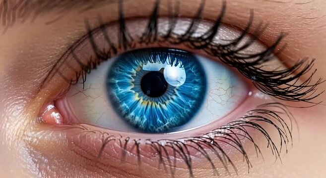 Human eye blue iris close up motion footage displaying intricate anatomical detail lighting reflections and eyelashes in digital video clip