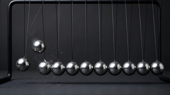 Newton cradle showing motion and impact with metallic spheres on dark