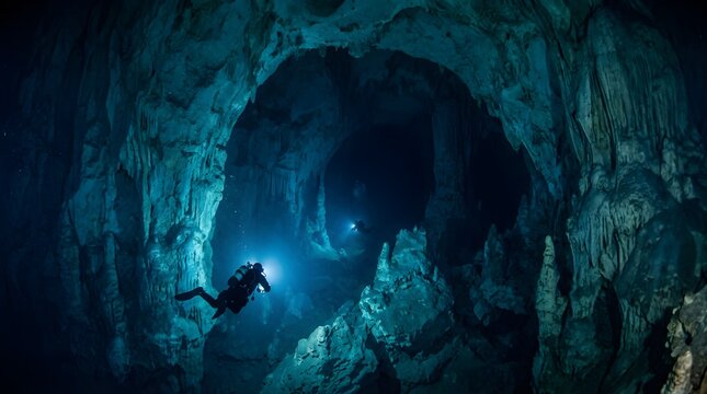 Scuba divers exploring a dark underwater limestone cave with flashlights