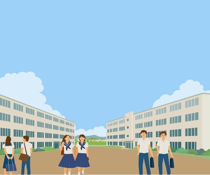 学校の校舎と学生