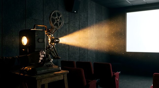Vintage film projector casting light on a blank screen in a dark cinema