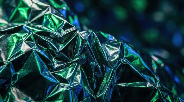 Abstract close-up texture of crumpled metallic foil reflecting vibrant green and blue light, creating a futuristic and shiny surface pattern