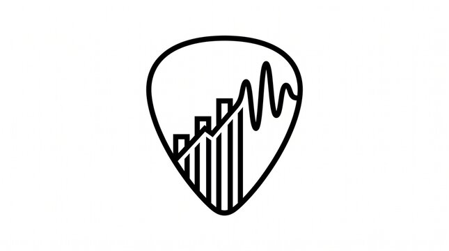 Minimalist guitar pick icon with sound wave and bar chart, black line art music logo, creative audio data visualization