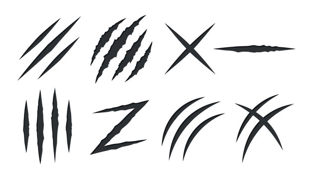 Black Animal Claw Scratch Marks Vector Illustration Set with Wild Monster, Bear, Tiger, Cat, and Werewolf Slash Wound Traces for Graphic Designs and Gaming Logos