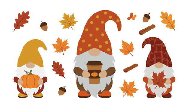 Cute Autumn Garden Gnome Vector Character Set with Pumpkin Coffee Cup Maple Leaves and Acorns for Fall Thanksgiving Holiday Craft Designs
