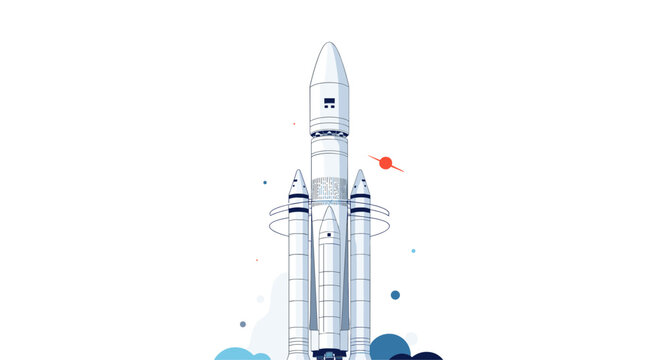 Space rocket or booster spaceship taking off into the sky leaving clouds of blue smoke on a solid white background.
