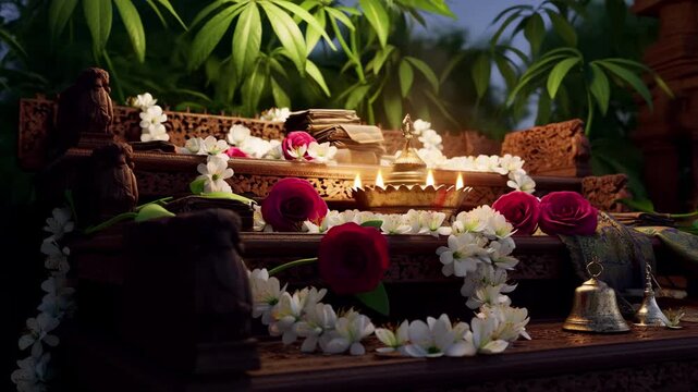 Elegant ritual ceremony with floral decorated altar and candles in serene outdoor setting