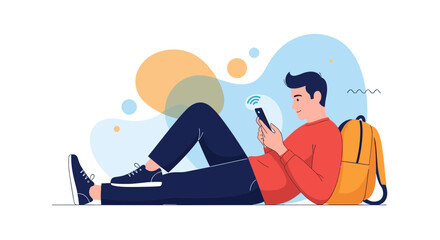Fototapeta premium Young male student lying relaxed on the floor while using his smartphone connected to wireless network with a backpack.