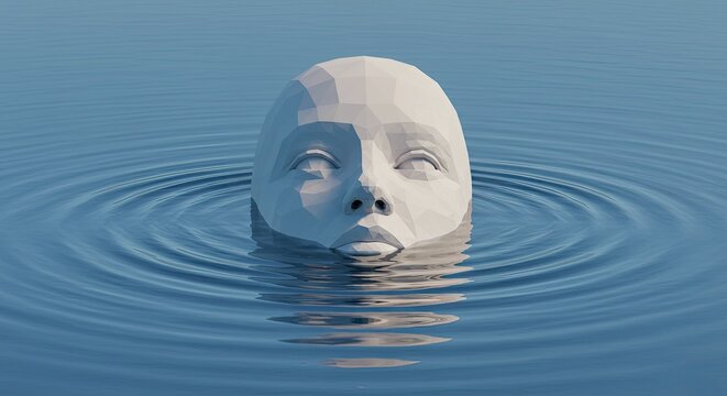 Serene water sculpture of human face.