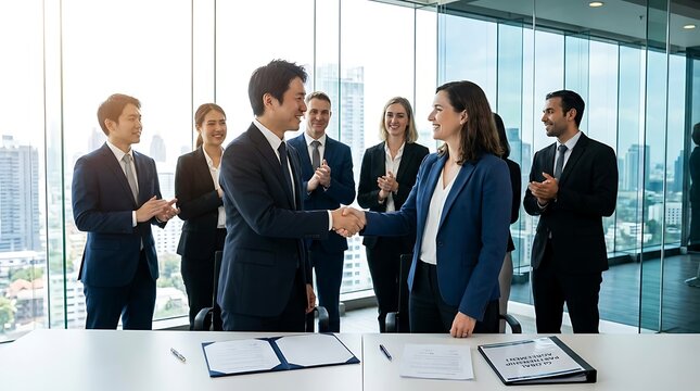 Business people shaking hands after a successful contract signing with a smiling team in the office