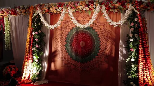 Traditional floral wedding mandap decorated with intricate patterns with decorative mandap designs