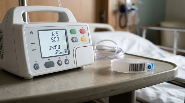 Iv Pump Control Panel beside a Scanned Wristband on a Bedside Tray