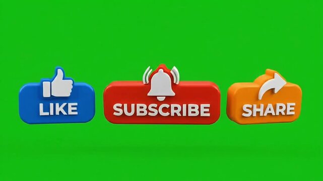 Social media buttons animation showing like subscribe and share icons rendered in 3D for digital marketing video motion projects