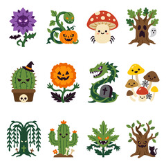 Naklejka premium Vector illustration set of Halloween plant monsters, carnivorous vine, spooky tree, mushroom spider, haunted cactus, and jack-o'-lantern flower isolated on white background. Magical spooky garden crea