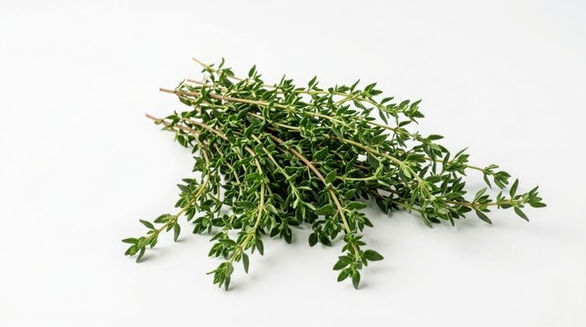 Fresh thyme herb bundle isolated on white background with isolated ingredient aromatic seasoning culinary vegetable nutrition branches background flavorful medicinal perennial