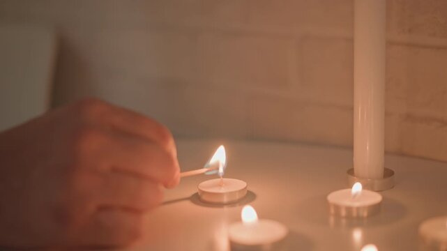 Close-up hand brings lit match to white taper candle wick beside tealights on reflective tabletop, showing careful motion, small flickering flames, warm ambiance, and serene home atmosphere
