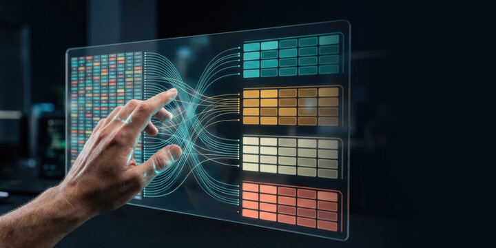 Hand interacting with holographic data classification panel showing sorted records