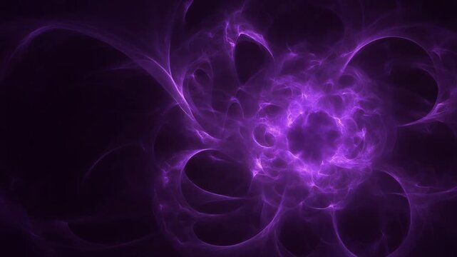 Extreme macro ultraviolet energy bloom twists into delicate fractal structures from darkness, with an intense violet core fading into black, creating a sophisticated futuristic cinematic background