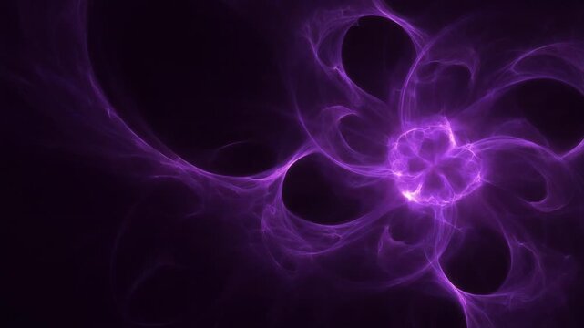 Extreme macro ultraviolet energy bloom twists into delicate fractal structures from darkness, with an intense violet core fading into black, creating a sophisticated futuristic cinematic background