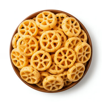 A bowl of wagon wheel fryums corn, white background isolated