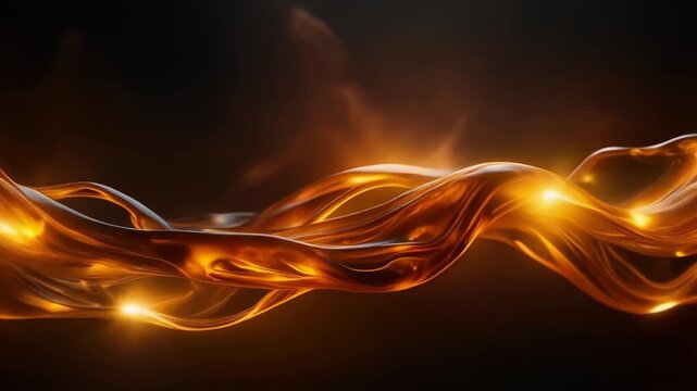 Extreme macro luminous molten amber energy flows through darkness with thick glowing filaments and a warm radiant core, creating a luxurious cinematic background with generous negative copy space.