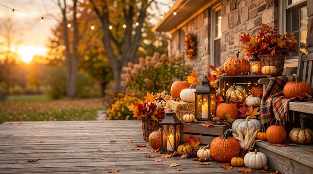 Cozy autumn porch decorated with pumpkins lanterns and fall foliage at sunset for a festive seasonal celebration