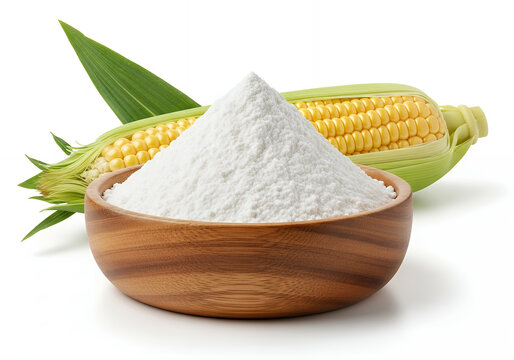 A bowl of cornstarch, presented alongside a fresh ear of corn