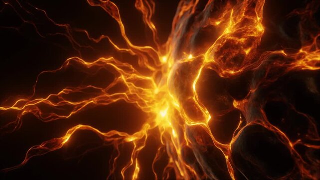 Extreme macro luminous molten amber energy flows through darkness with thick glowing filaments and a warm radiant core, creating a luxurious cinematic background with generous negative copy space.