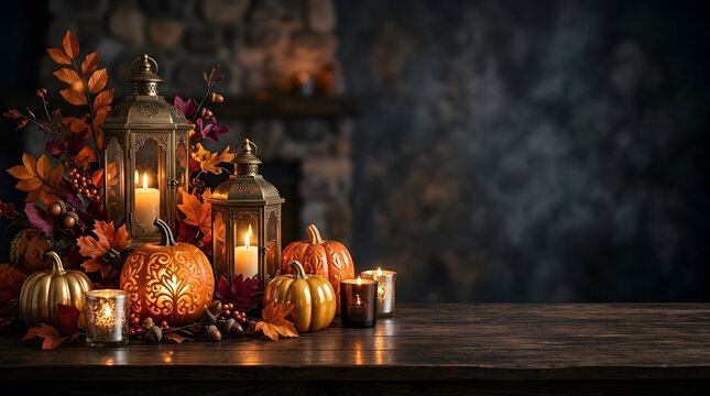 Festive autumn display with decorative pumpkins lanterns and warm glowing candles on a rustic wooden table background