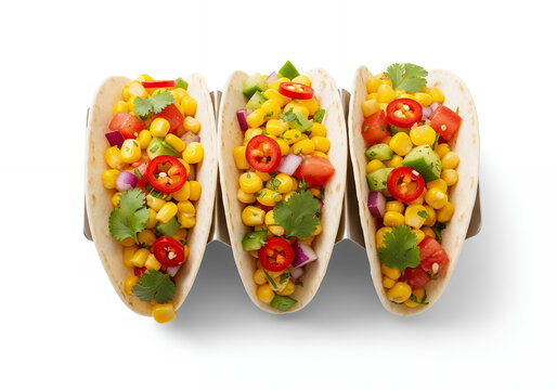 A top-down view of three vibrant, vegetarian corn salsa tacos arranged neatly inside a wavy metallic taco holder, isolated against a solid white background