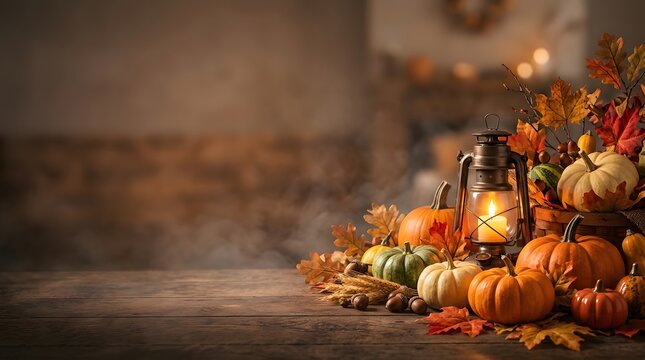 Autumn harvest display with pumpkins gourds and a glowing lantern on a wooden surface