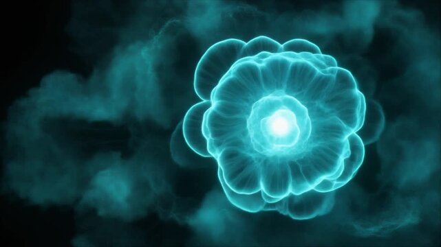 Extreme macro luminous turquoise plasma cloud rolls and expands like a microscopic storm, with glowing filaments around a bright core, creating a premium cinematic background with generous copy space.