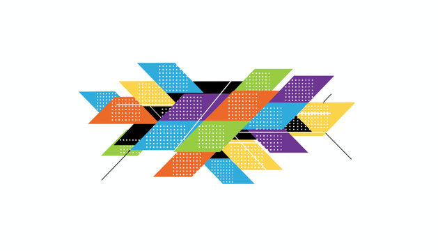 Vibrant abstract geometric composition featuring colorful overlapping parallelograms and dotted patterns on a white background.