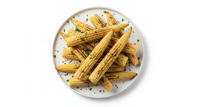 A top-down, flat-lay view of a plate piled with seasoned, grilled baby corn, isolated against a solid white background